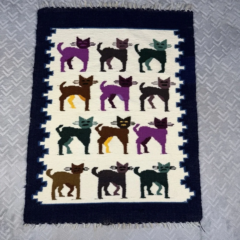 Vintage Peruvian Wool Tapestry Cat Motif Handwoven Folk Art Wall Hanging